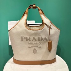프라다 리넨 혼방 및 가죽 라지 토트백